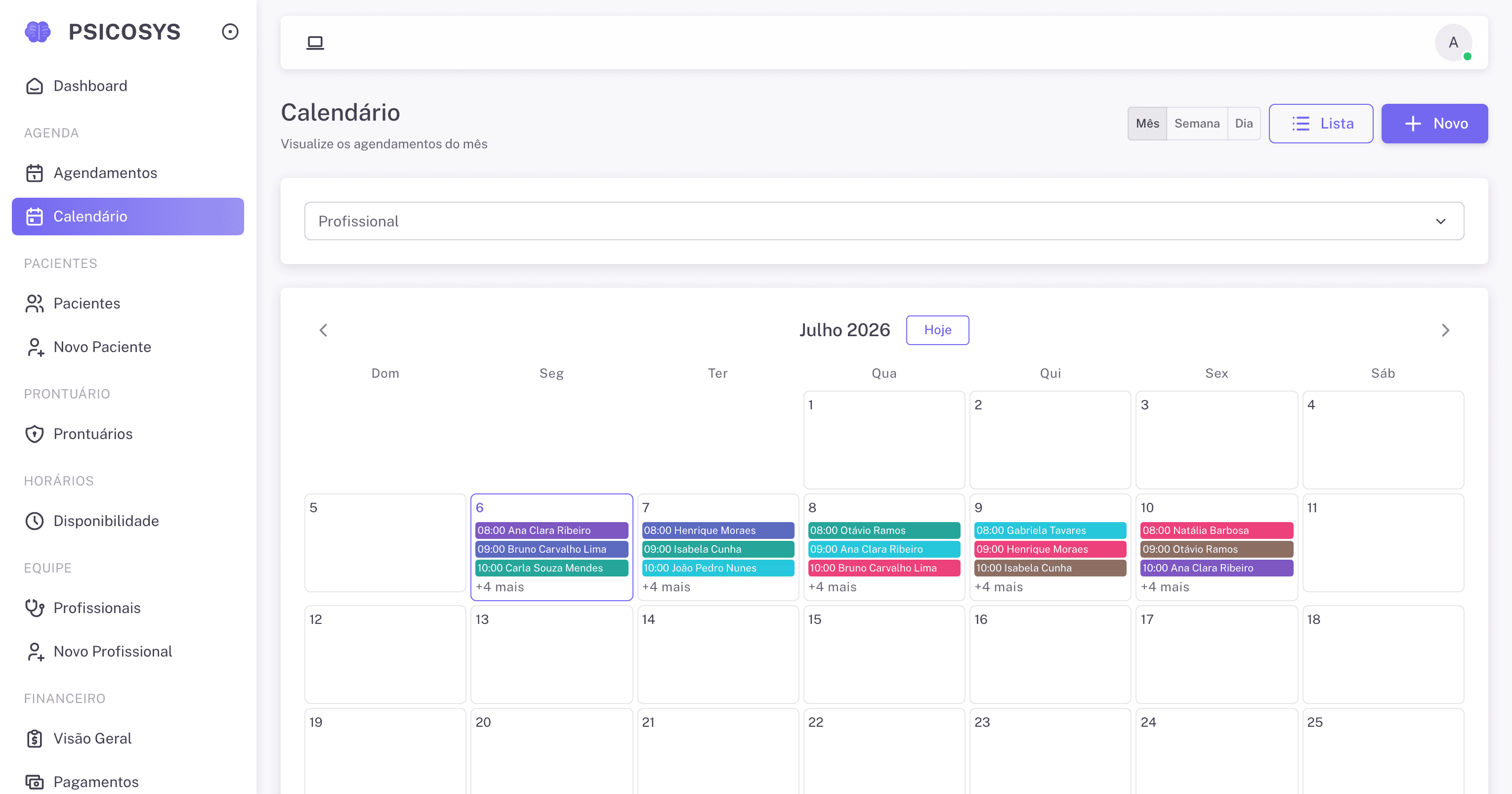 Tela da agenda mensal do PsicoSys, com atendimentos coloridos por especialidade